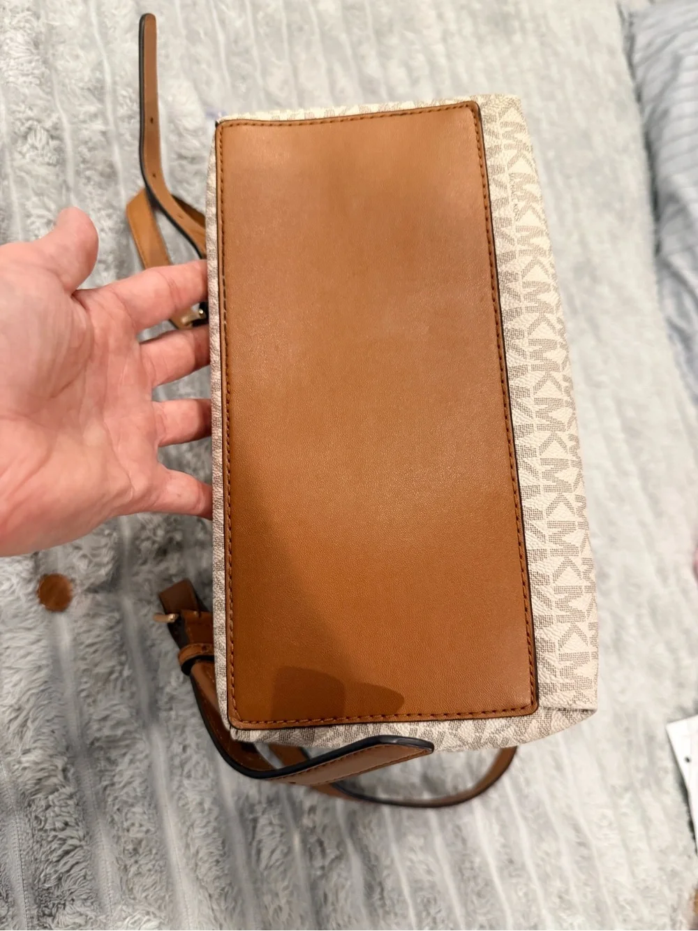 Michael Kors Cream Logo Mini Backpack with Brown Trim and Gold Hardware like New